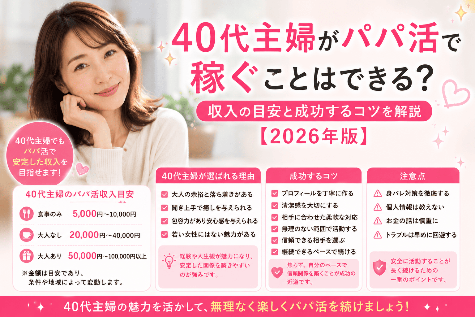 40代主婦がパパ活で稼ぐことはできる？収入の目安と成功するコツを解説【2026年版】